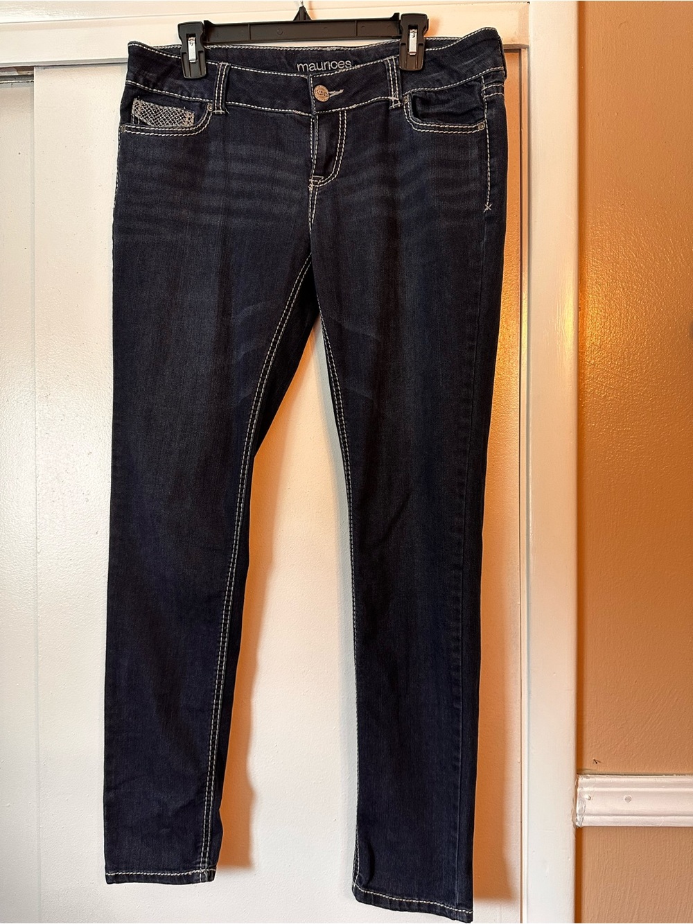 Maurices Dark Indigo Skinny Jeans with White Contrast Stitching